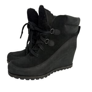 UGG Valory Black Suede & Leather Waterproof Wedge Lace up Ankle Booties Size 10